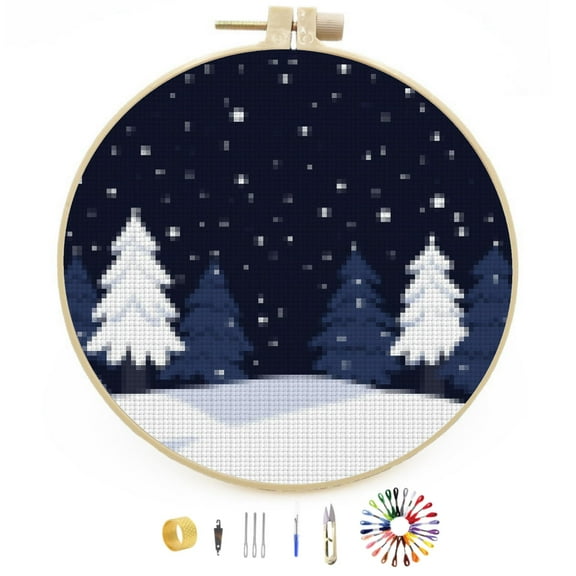 Merry Christmas Winter Snow Pine Tree DIY Stamped Cross Stitch Kits Easy for Beginners with Hoop 11CT Counted Embroidery Needlepoint Crafts Arts for Handmade Enthusiasts and Home Decor 30x30cm(6)