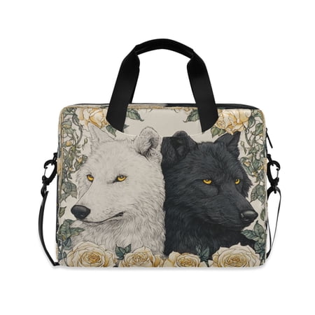 16" Laptop Briefcase, Detachable Anti-Slip Shoulder Strap, Multi-Compartment Work Travel Bag Two Black and White Wolves