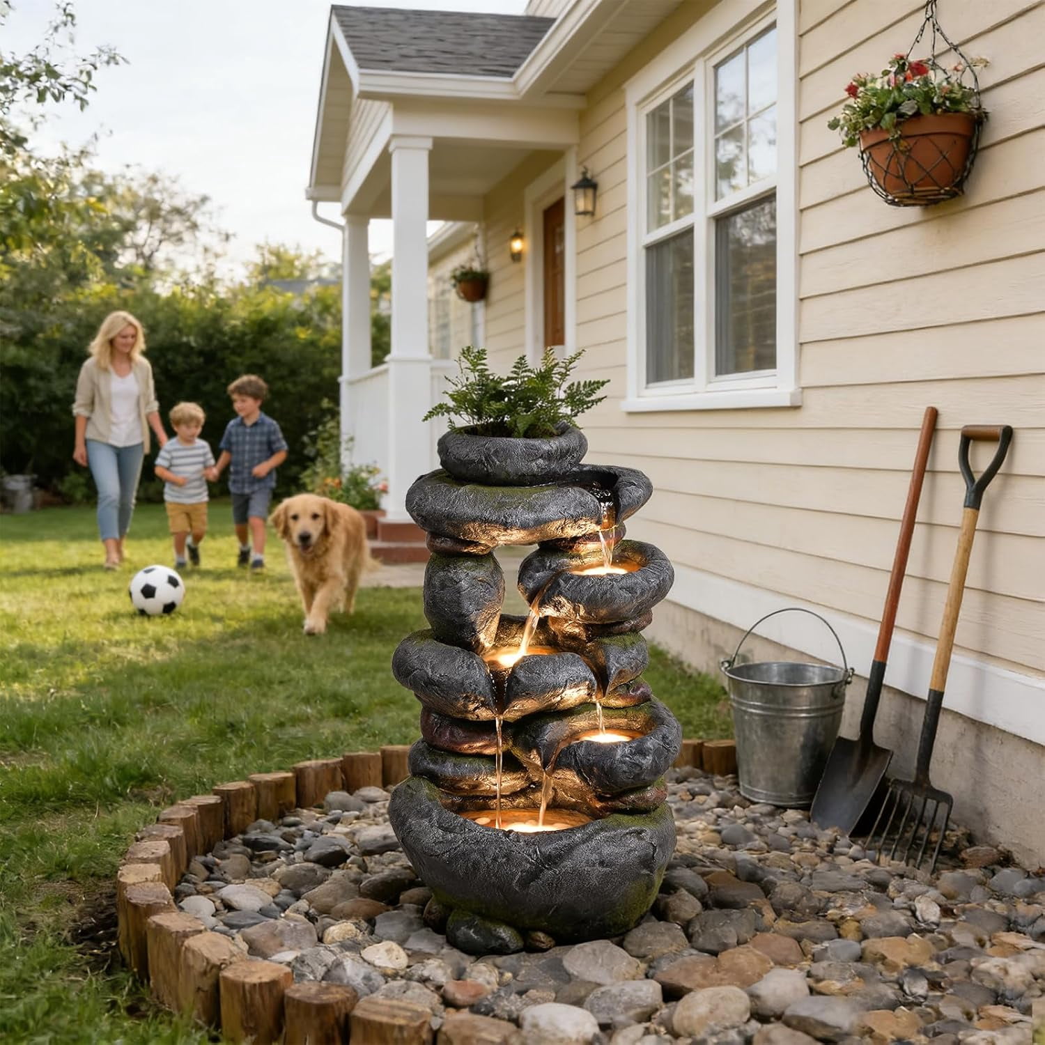 5-Tier Cascading Rock Water Fountain Outdoor, 29.5''Tall Outside Fountains and Waterfalls with Lights for Garden, Patio, Yard, Deck Home Decor with Natural Stone Look