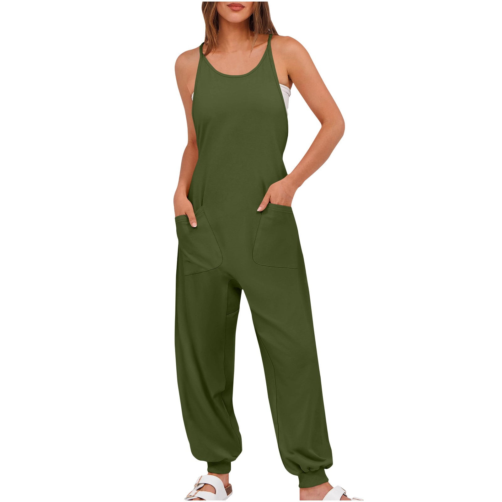 lcziwo One Piece Joggers Pants for Women 2025 Summer Sleeveless Straps Yoga Workout Jumpsuit Solid Casual Elastic Bottom Overalls with Pockets Prime Sales Today Clearance