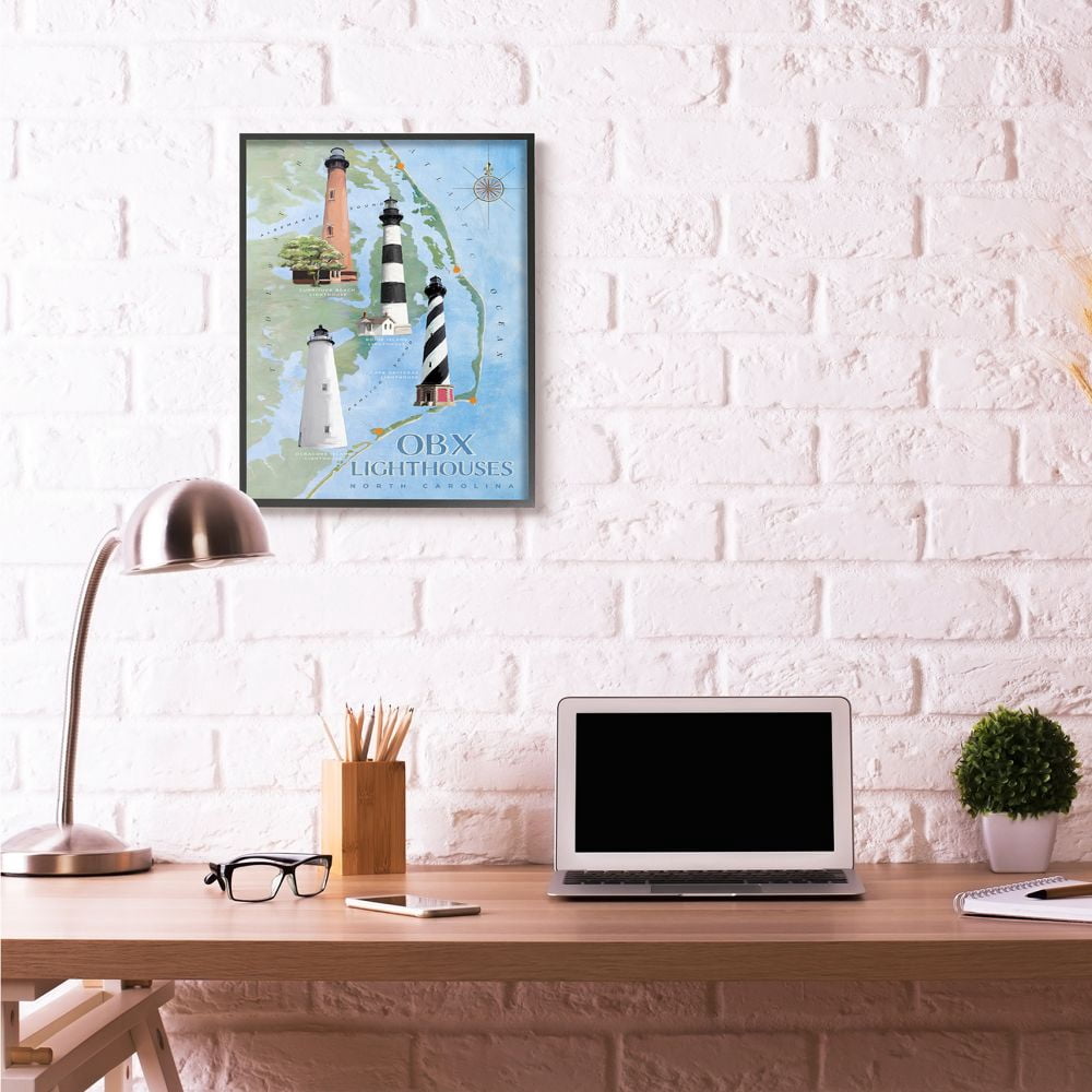Stupell Industries North Carolina Lighthouses Beach Coast Ocean Map Painting Framed Giclee Texturized Art by Art Licensing Studio