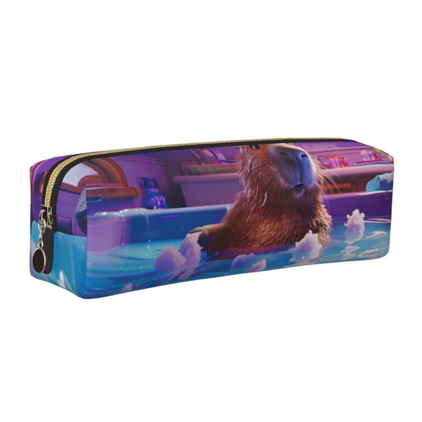 Balery Capybara Bathtub Fun Estuche de Lápices de Cuero Impreso, Estuche para Suministros de Arte, Estuche de Lápices con Cremallera, Estuche de Almacenamiento de Papelería