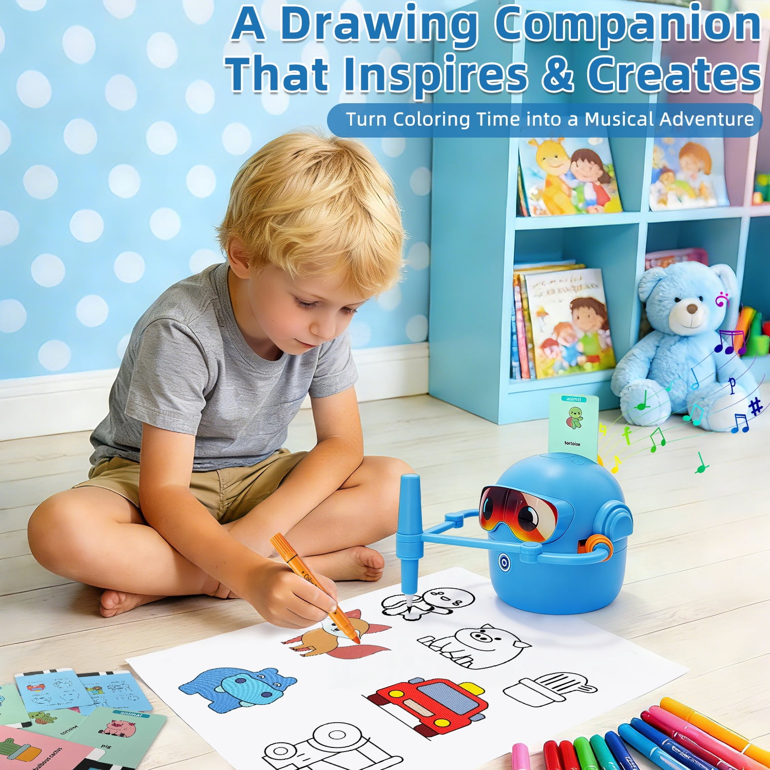 Educational Drawing Robot for Kids Ages 3-8 | Voice Interactive Learning Toys with 100 Word Cards & 12 Color Pens | Montessori Painting Machine for Boys Girls | Birthday Party Gifts (Blue)