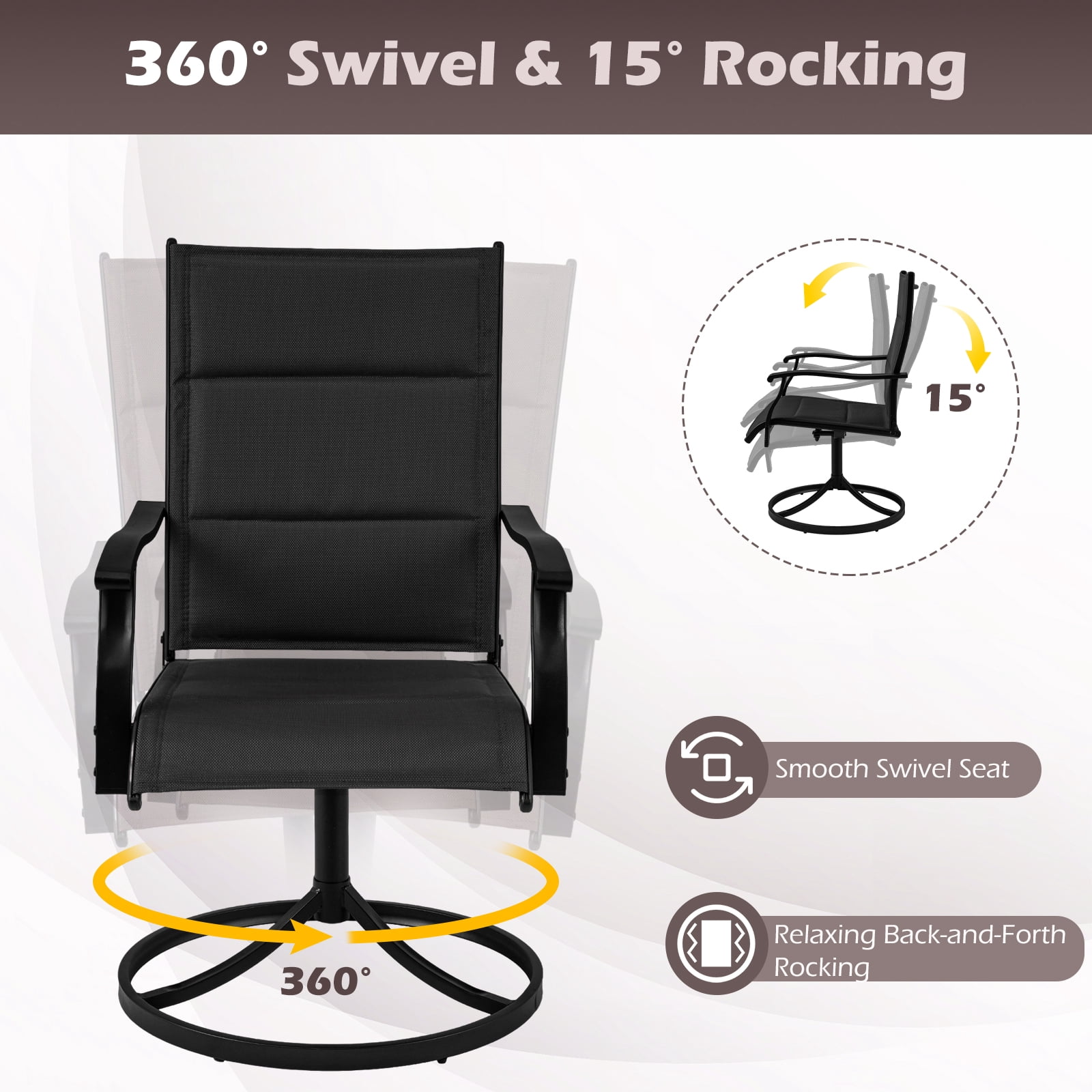 Gymax Padded Patio Swivel Chairs Set of 2 Ergonomic Outdoor Dining Chairs w/High Back Black
