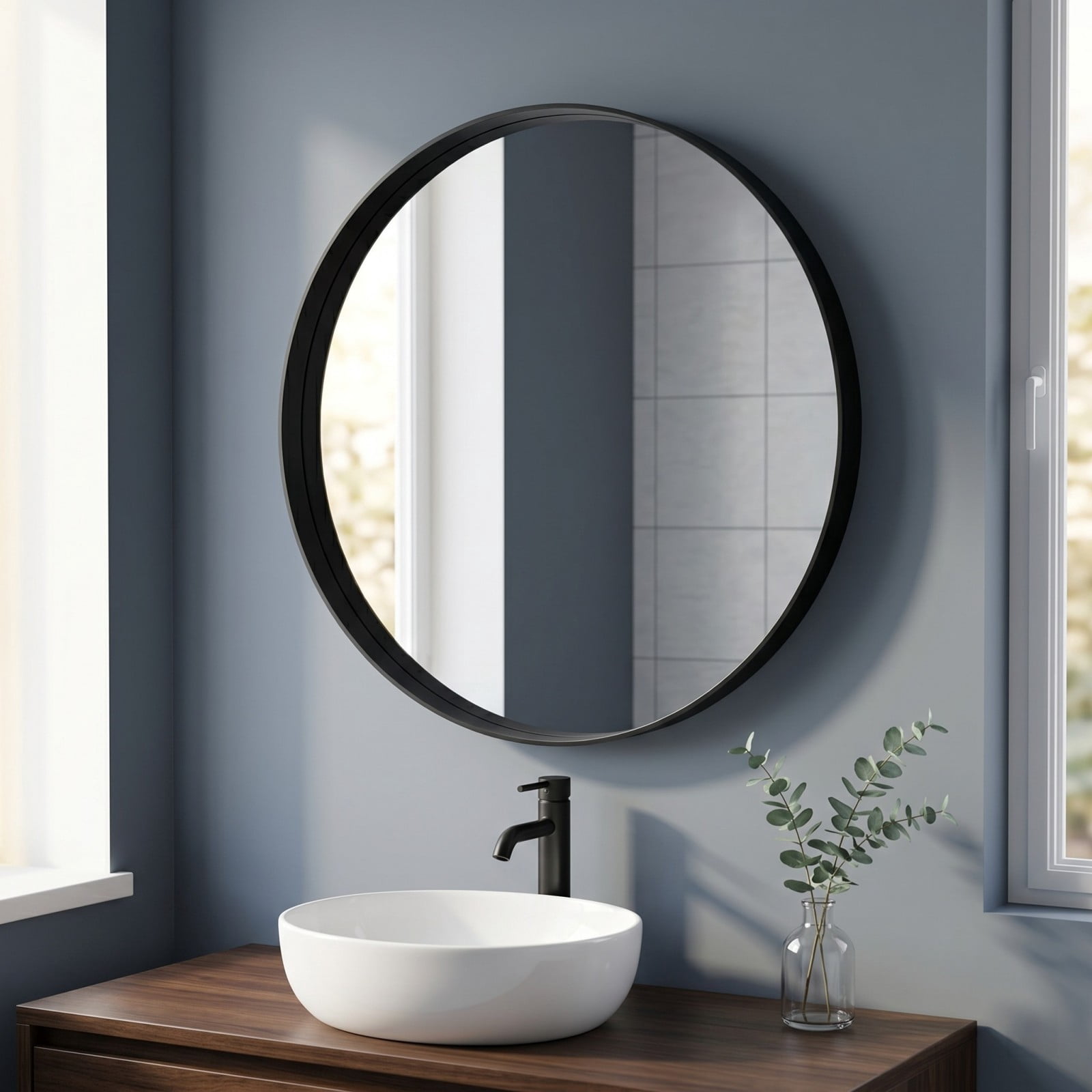 GRAHMCY 20" Round Bathroom Mirror Vanity Wall Mounted Mirror with Deep Frame, Black