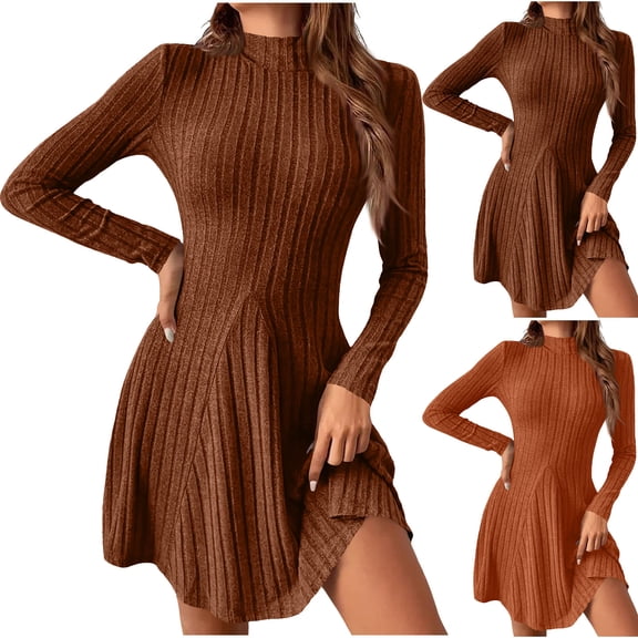 Pretxorve Women Nightgown Solid Long Sleeve Mock Neck Waist Cinched A Line Casual Loungewear Sleep Dress