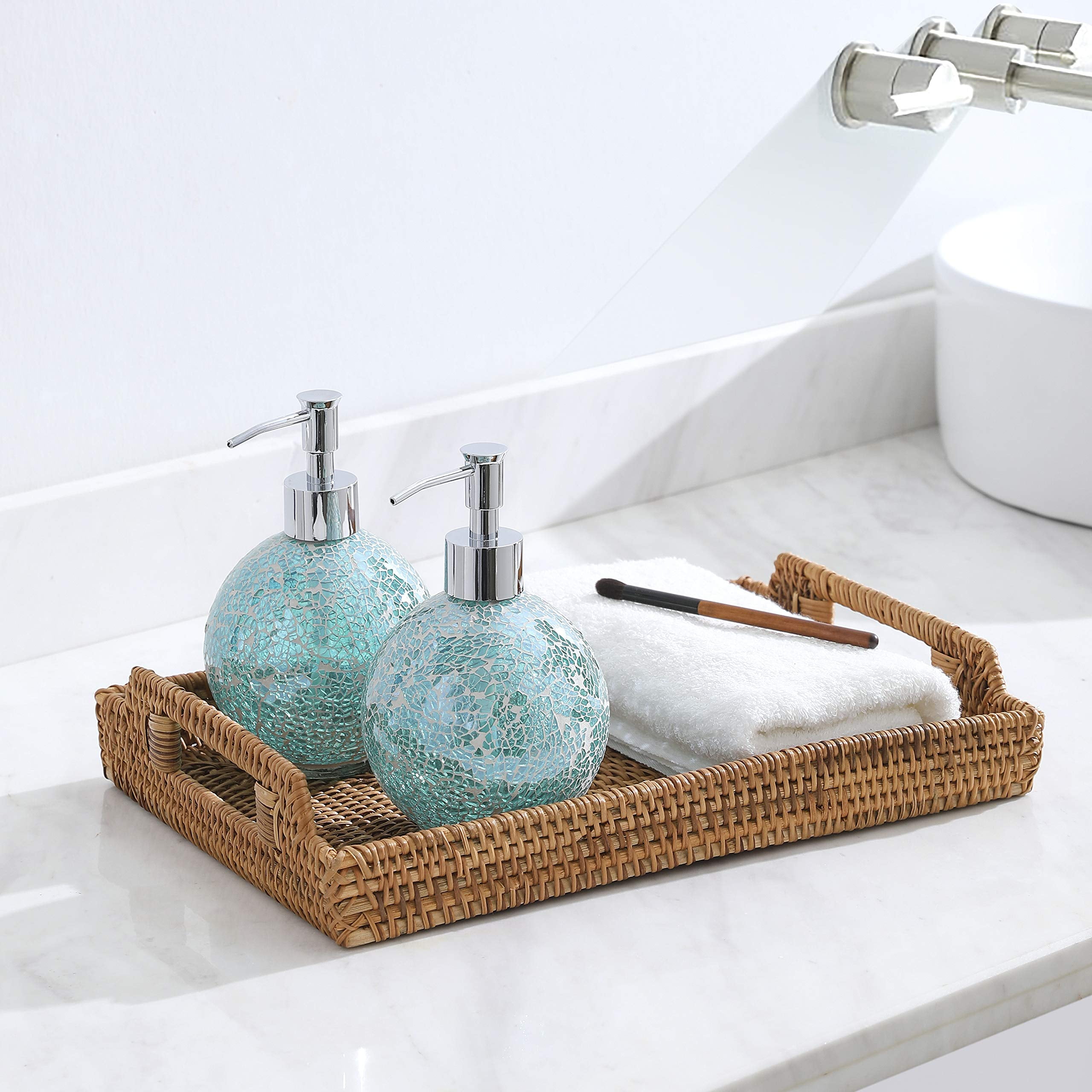 WHOLE HOUSEWARES | Glass Mosaic Hand Soap Dispenser for Bathroom | Lotion Bottle for Kitchen, Bathroom with Chrome Plated Plastic Pump |14 Ounce Set of 2 (Turquoise)