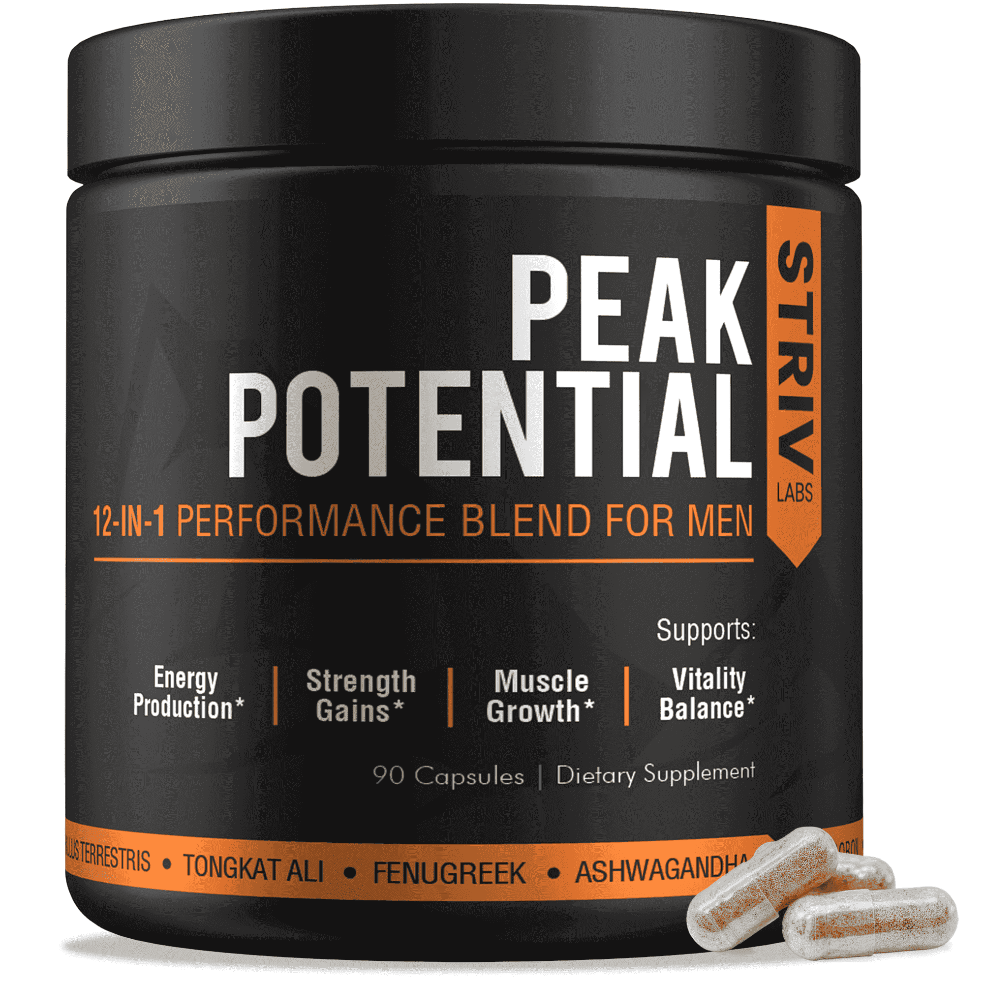 Peak Potential 12-in-1 Testosterone Booster for Men - Fenugreek, Ashwagandha & Tongkat Ali - Strength, Energy & Muscle Support - 90 Capsules