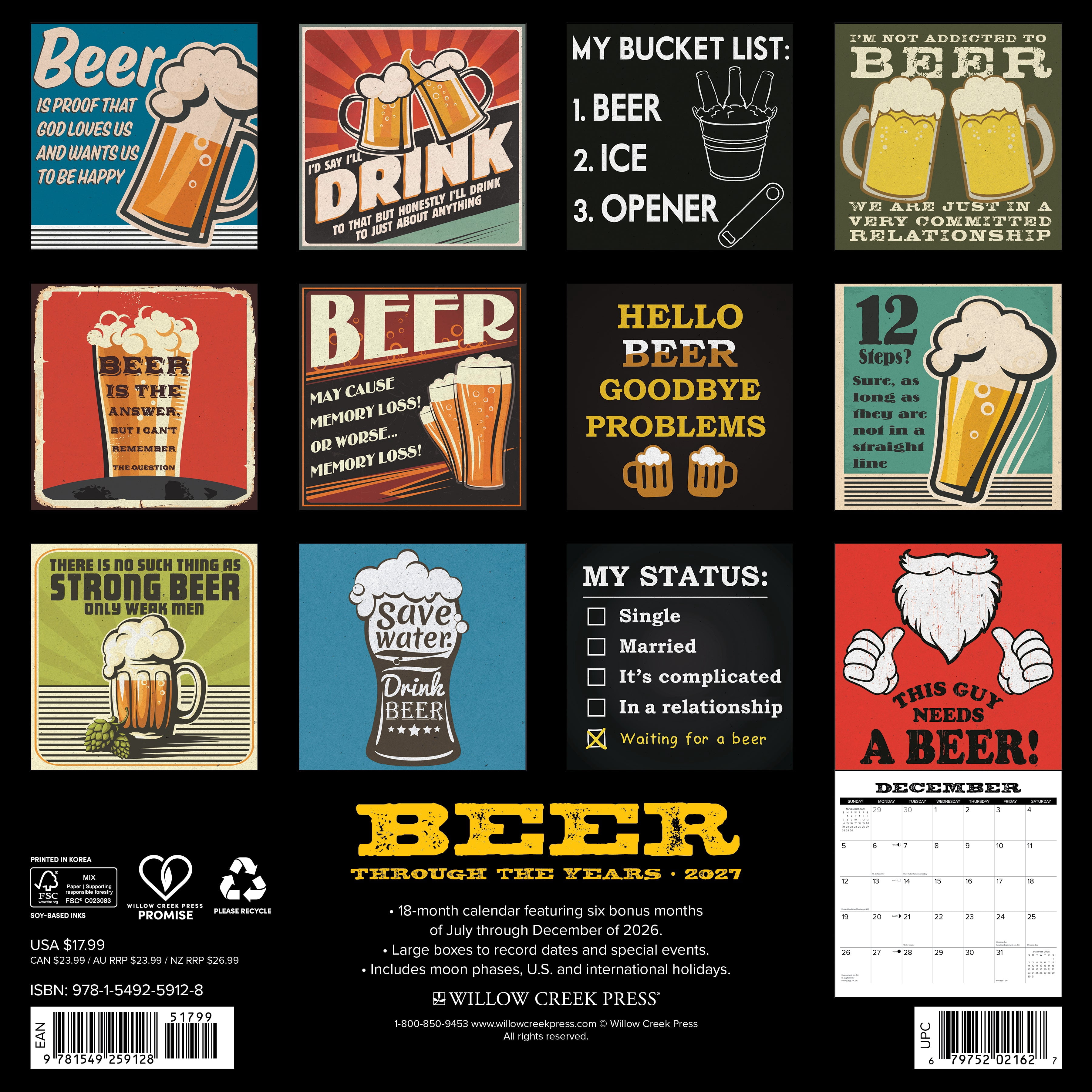 Willow Creek Press, Beer—Through the Years 2027 Wall Calendar