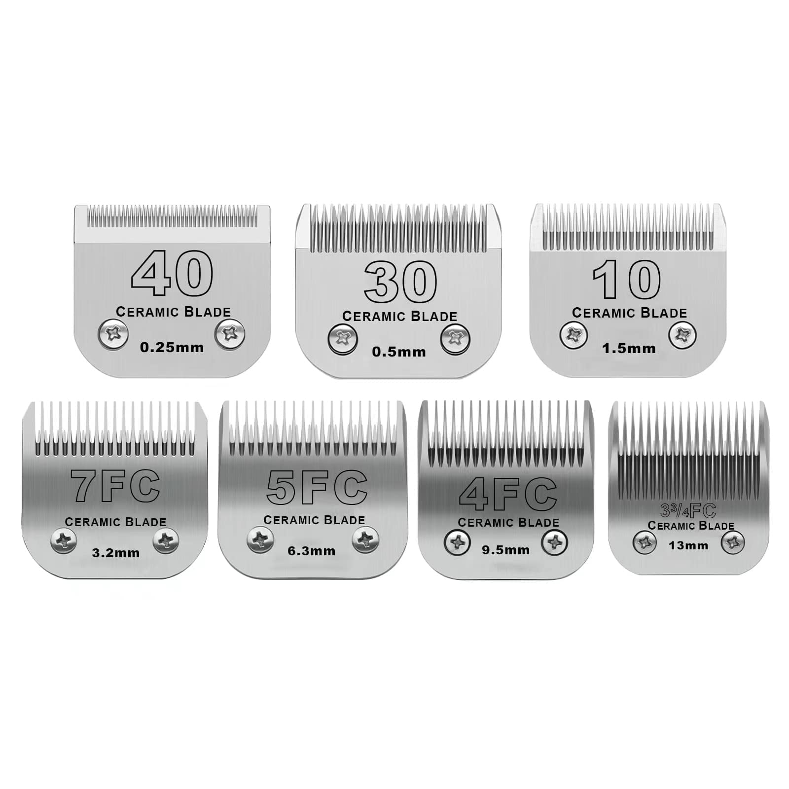 Size 40/30/10/7FC/5FC/4FC/3FC Detachable Pet Dog Grooming Clipper Ceramic Blades Set,Compatible with Andis,Oster A5,Wahl KM10 Series Clippers,Cut Length 1/100"(0.25mm) to 1/2"(13mm),7 Pack