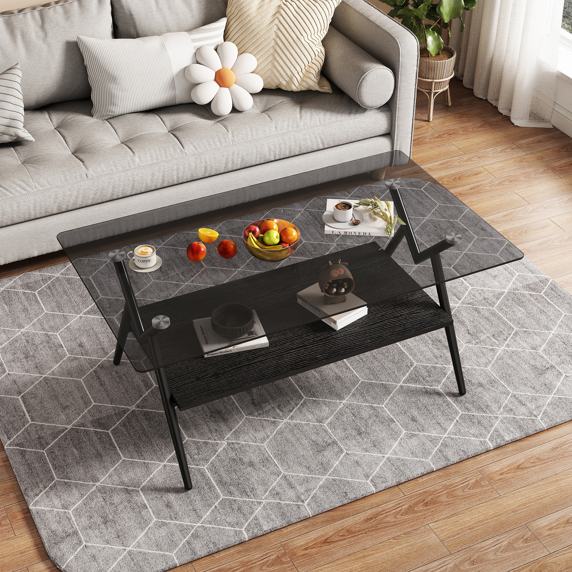 Leumius Glass Coffee Table with Lower Shelf,Clear Rectangle Glass Coffee Table, Modern Coffee Table with Metal Legs for Living Room,Black+Gray