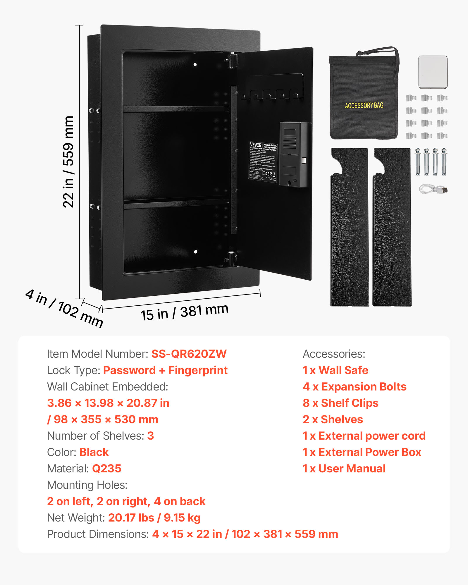 VEVOR Wall Safe, 3-Tier Hidden Wall Safe with Fingerprint, Password, Key & Turning Knob, Q235 Cold-Rolled Steel In-Wall Box with Adjustable Shelves & Key Holders for Money, Jewelry, Passport
