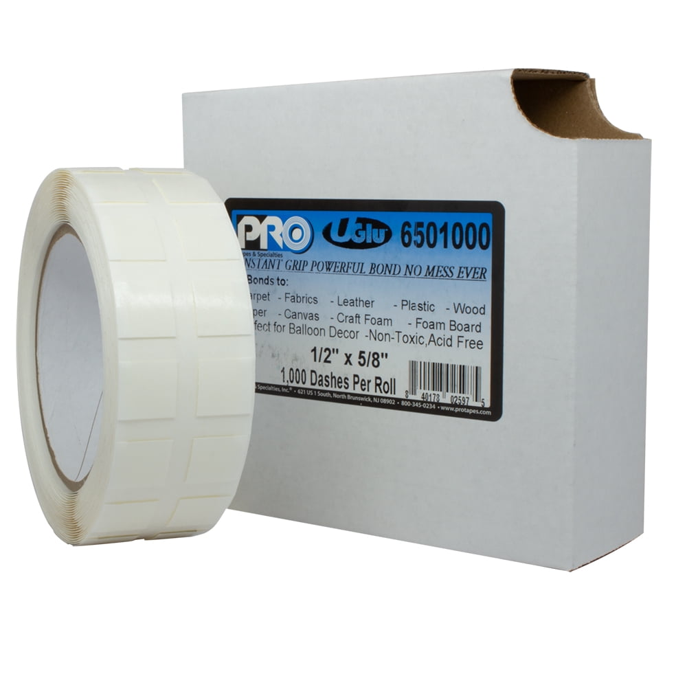 UGlu Dashes Roll of 1000 with Dispenser Double-Sided Adhesive Mounting Tabs Transparent 1/2" x 5/8