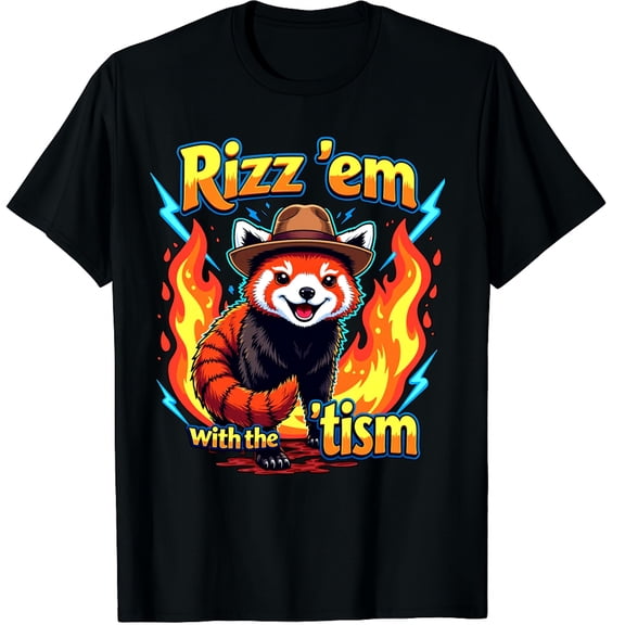 Rizz Em with The Tism Cowboy Red Panda Y2K Bootleg Graphic Crew Neck Short Sleeve T-Shirts (Men's, Women's)