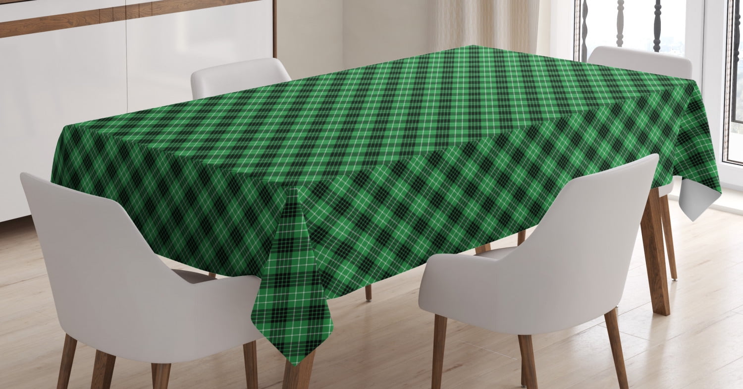 Plaid Tablecloth, Diagonal Tartan Vibrant Green Color Geometrical