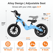QUIKRA Electric Balance Bike for Kids, 180W Motor, 14-Inch Pneumatic Tires, 3-Speed, Adjustable Seat, up to 9.3mph, Kids Electric Bike for Ages 3-7,Blue