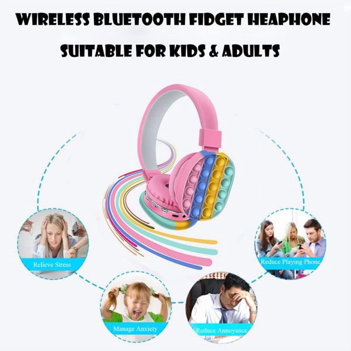 Cat Ear Headphones Kids Toy Headset, Wireless Bluetooth Headphone Pop Bubble On-Ear Headphone Fidget Toy Rainbow Color Fidget Headset for Children Adults (Pink)