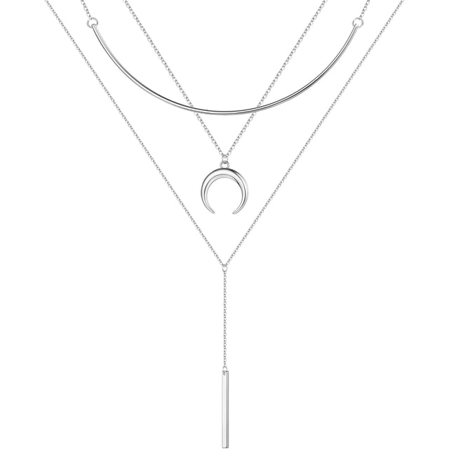 Collares en capas de oro para mujer, chapados en oro de 14 quilates, perlas de barra de revestimiento múltiple, disco, luna, mariposa, medallón, gargantilla ajustable en capas delicadas