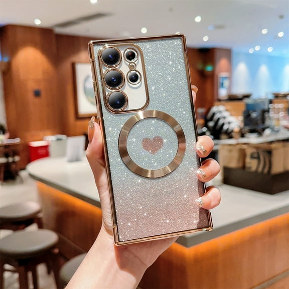 Jiahe Cover for Samsung Galaxy S21+, Compatible with MagSafe Case,Slim Plating Bling Glitter Shockproof Gradient Lover Heart Pattern Transparent Case Full Camera Lens Protection Cover, gold