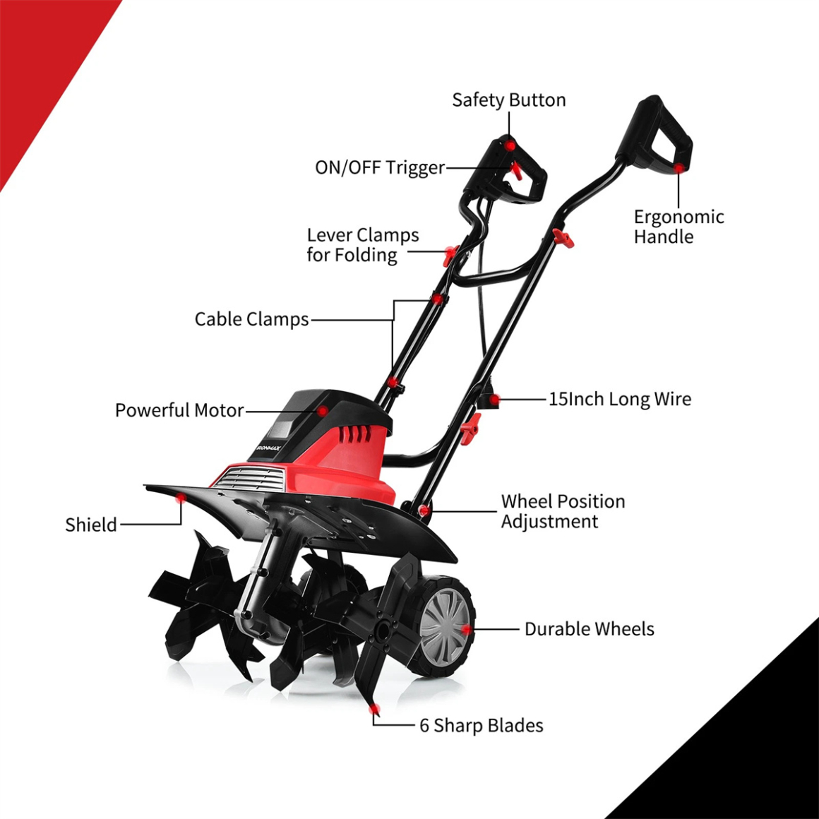 17-Inch Electric Tiller, 14 Inch Tilling Width 9 Inch Electric Tiller, Foldable Electric Rototiller, 10 Amp Tiller Cultivator for Lawn, Yard, Garden Soil Digging, Red+Black