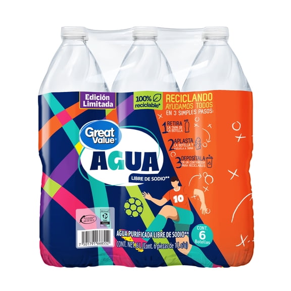 Agua Great Value 6 botellas de 1 l c/u