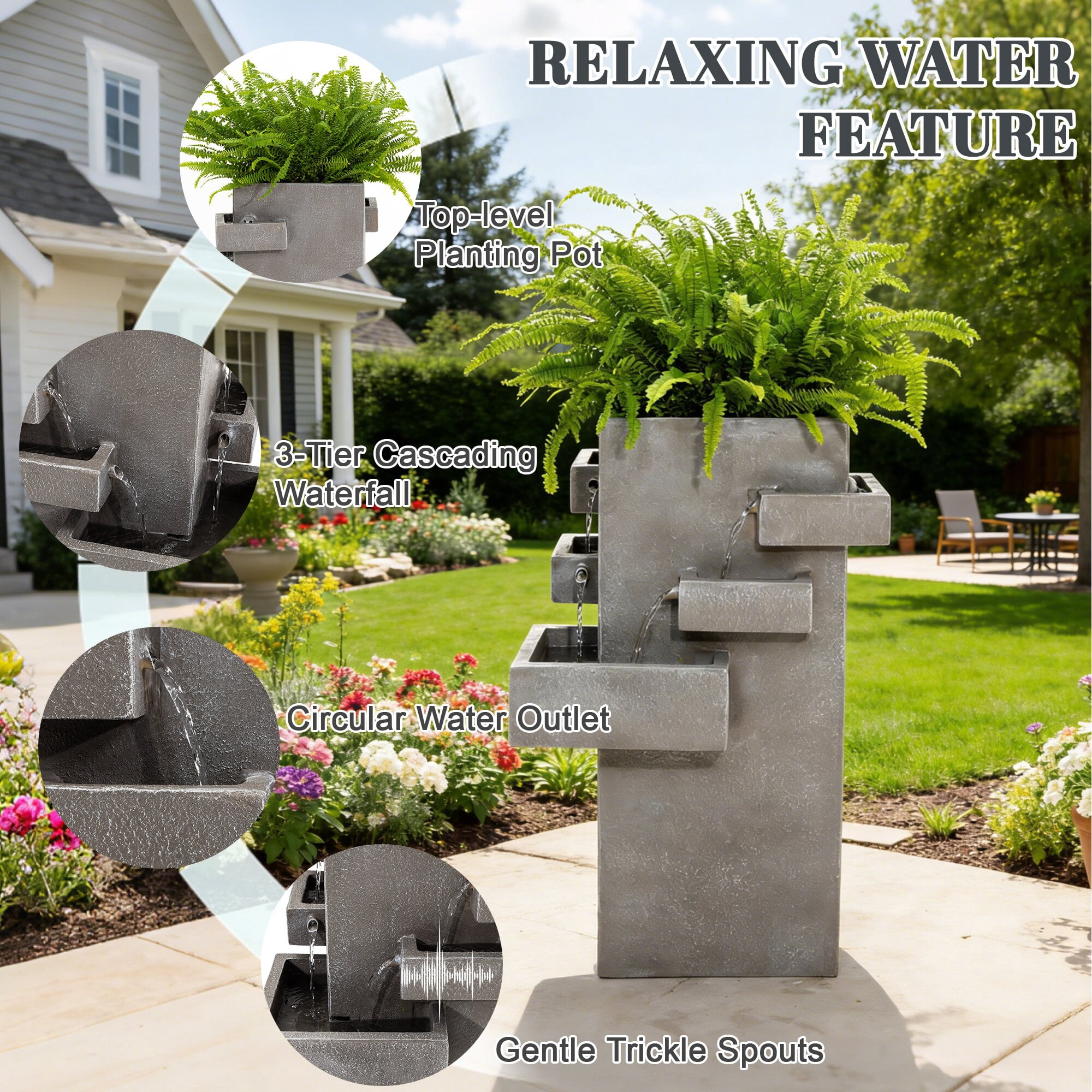 Kaluomm Outdoor Water Fountain 28" Modern Square, Textured Resin Cascading Waterfall for Garden Yard Patio, Gray