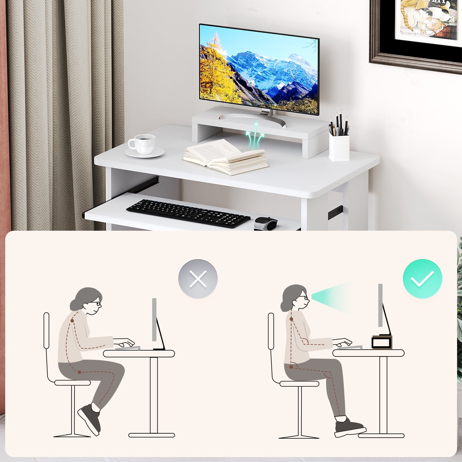 ALISENED Computer Desk with Monitor Stand Keyboard Tray, 29.5 inch Sturdy Desk with Storage Shelves