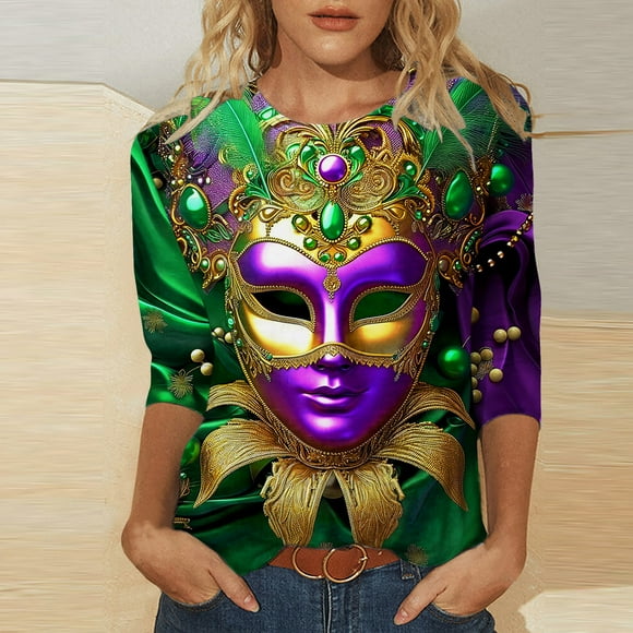 Jsaierl Mardi Gras Shirts for Women 3/4 Sleeve Mask Graphic Blouse Carnival Themed Tees Party 3D Print Tops Funny Gifts Parade Tshirt