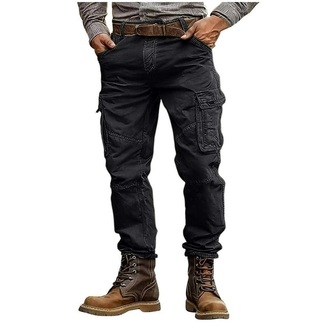 Men's Cotton Cargo Pants - Relaxed Fit Straight-Leg Outdoor Trousers, Garment-Washed Elastic Drawstring Waist Bottoms with Multi-Pockets