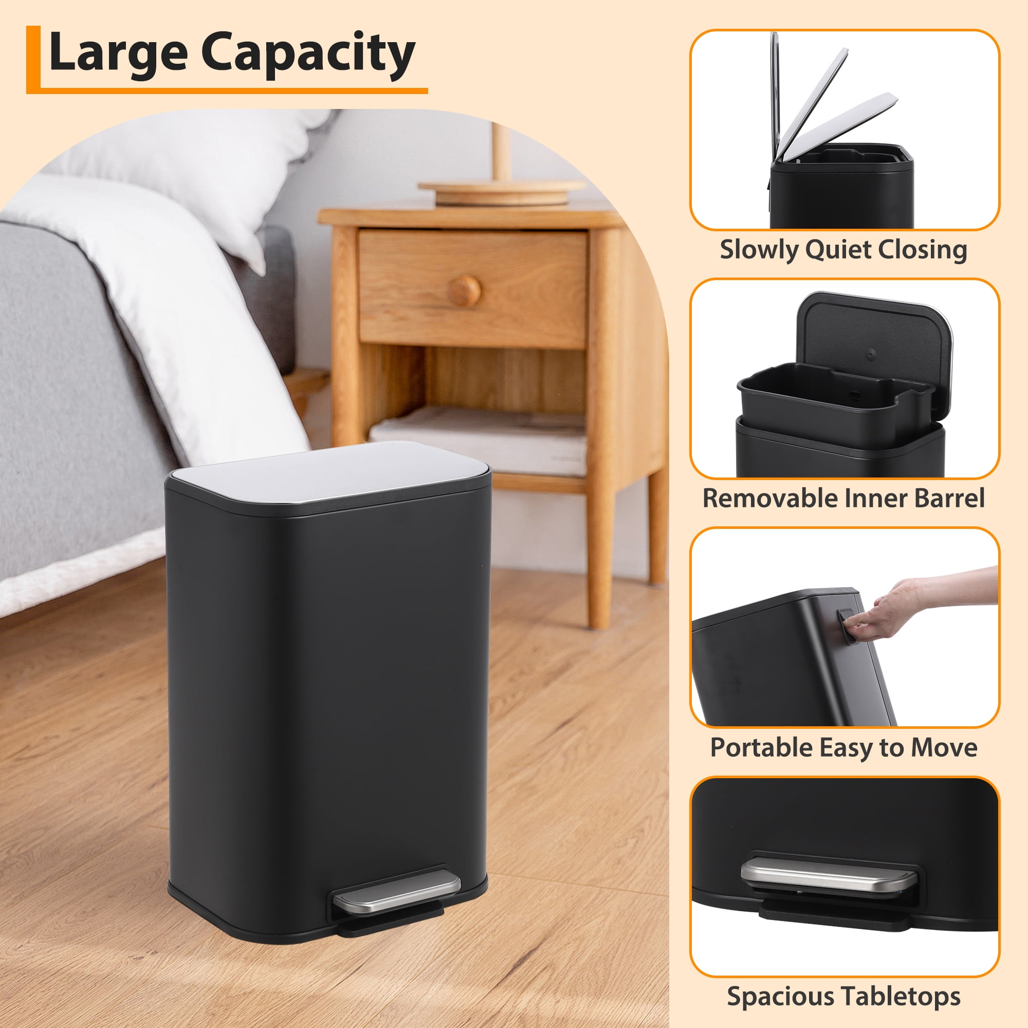 Kitchen Trash Can with Lid, Stainless Steel Garbage Can with Foot Pedal & Removable Inner Bucket, Rectangular Step On Waste Bin for Office Bedroom Living Room