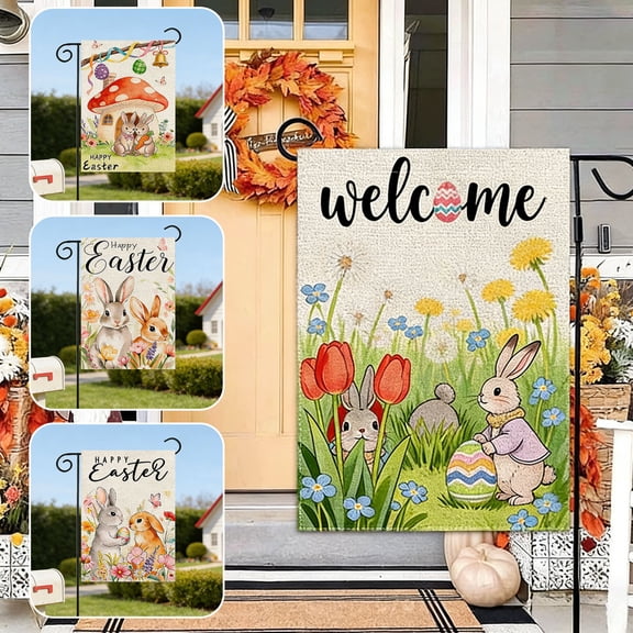 AZXY Happy Easter Garden Flag 12x16 Inch, Double-Sided Linen Two Bunnies with Easter Egg Floral Butterfly Print Waterproof Weather-Resistant Yard Flag for Spring Outdoor Garden Decorations