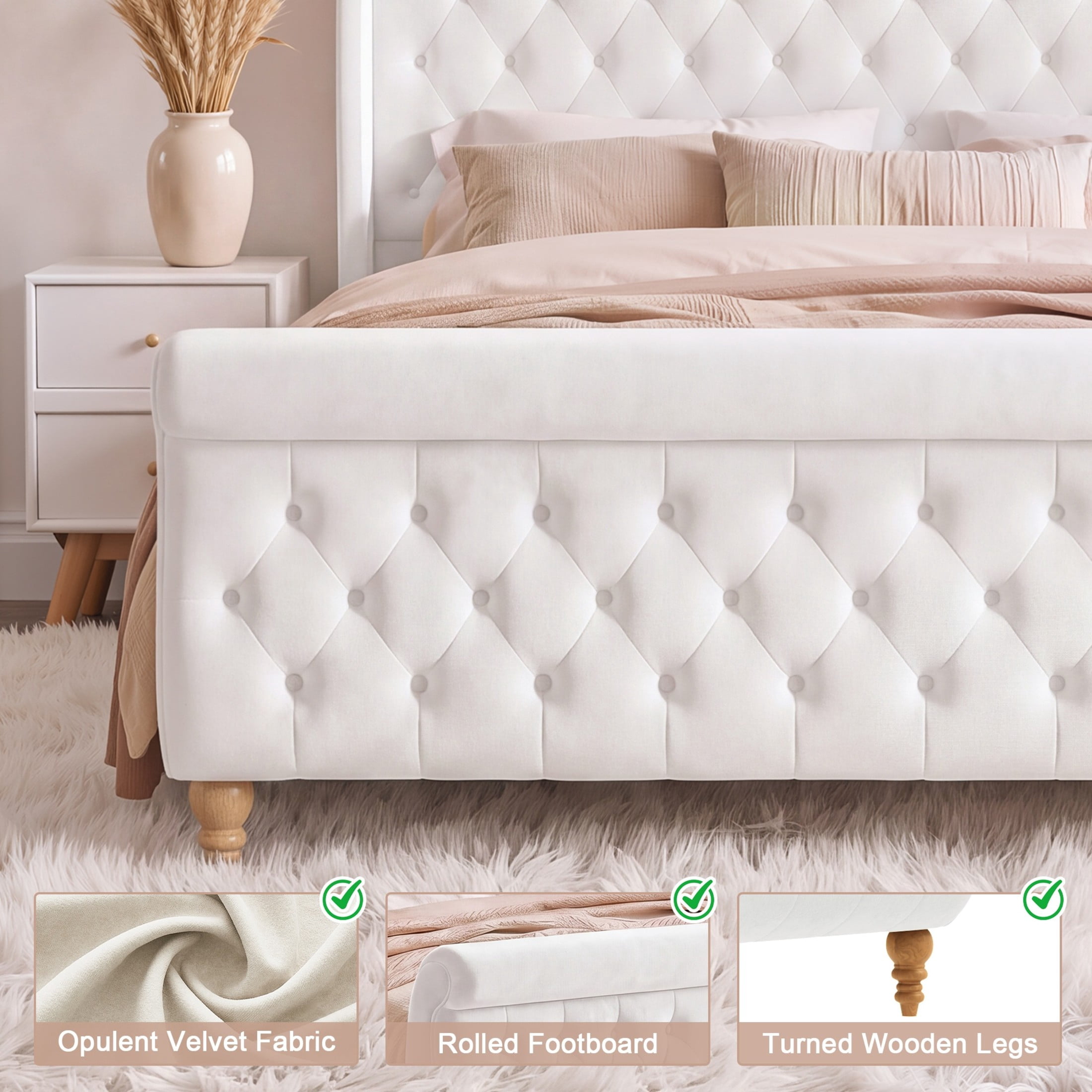 GDF Studio Orlan King Size Velvet Upholstered Sleigh Platform Bed Frame with Wood Slat Support, Modern Design, Beige