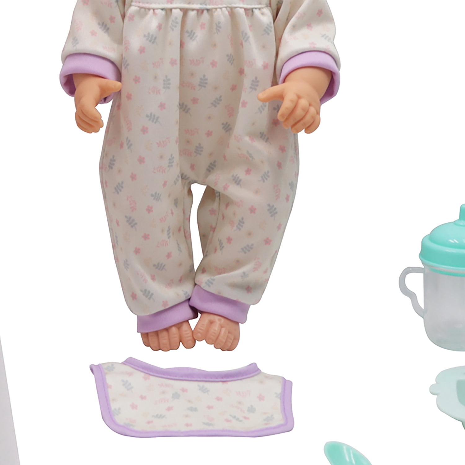 Dream Collection: 14" Baby Doll & High Chair Playset - White-Purple Onesie, Headband & Bib, Pink Feeding Chair, Toy Care Accessories, Kids-Toddlers 2+