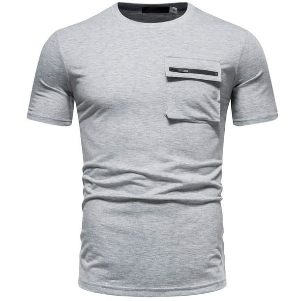 Camisas de Manga Corta de los Hombres de Verano de Color Sólido de Encaje Delgado Bolsillo de Manga Corta Camisas de Cuello Redondo