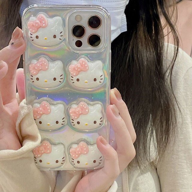 Sanrio-fundas de teléfono con pantalla completa láser, carcasa trasera de Hello Kitty My Melody para iPhone 14, 13, 12, 11 Pro Max, Mini, XR, XS MAX, 8, X, 7 Fivean unisex