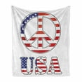 thumbnail image 1 of Groovy Soft Flannel Fleece Throw Blanket, Modern Peace Sign USA Flag Color Design Hippie Freedom Pacifist Theme, Cozy Plush for Indoor and Outdoor Use, 60" x 80", Violet Blue White, by Ambesonne, 1 of 6