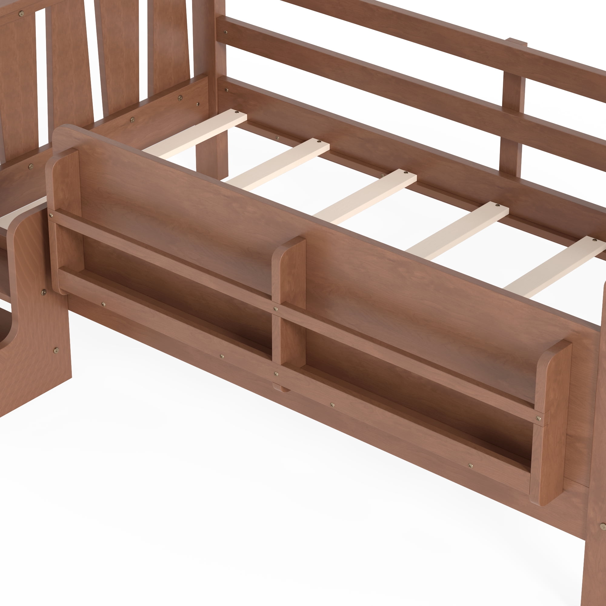 Miniyam Twin Size Kids Floor Bed with Guardrails and Bookshelves, Pine Wood & MDF Frame, Easy Access Step Ladder, Walnut
