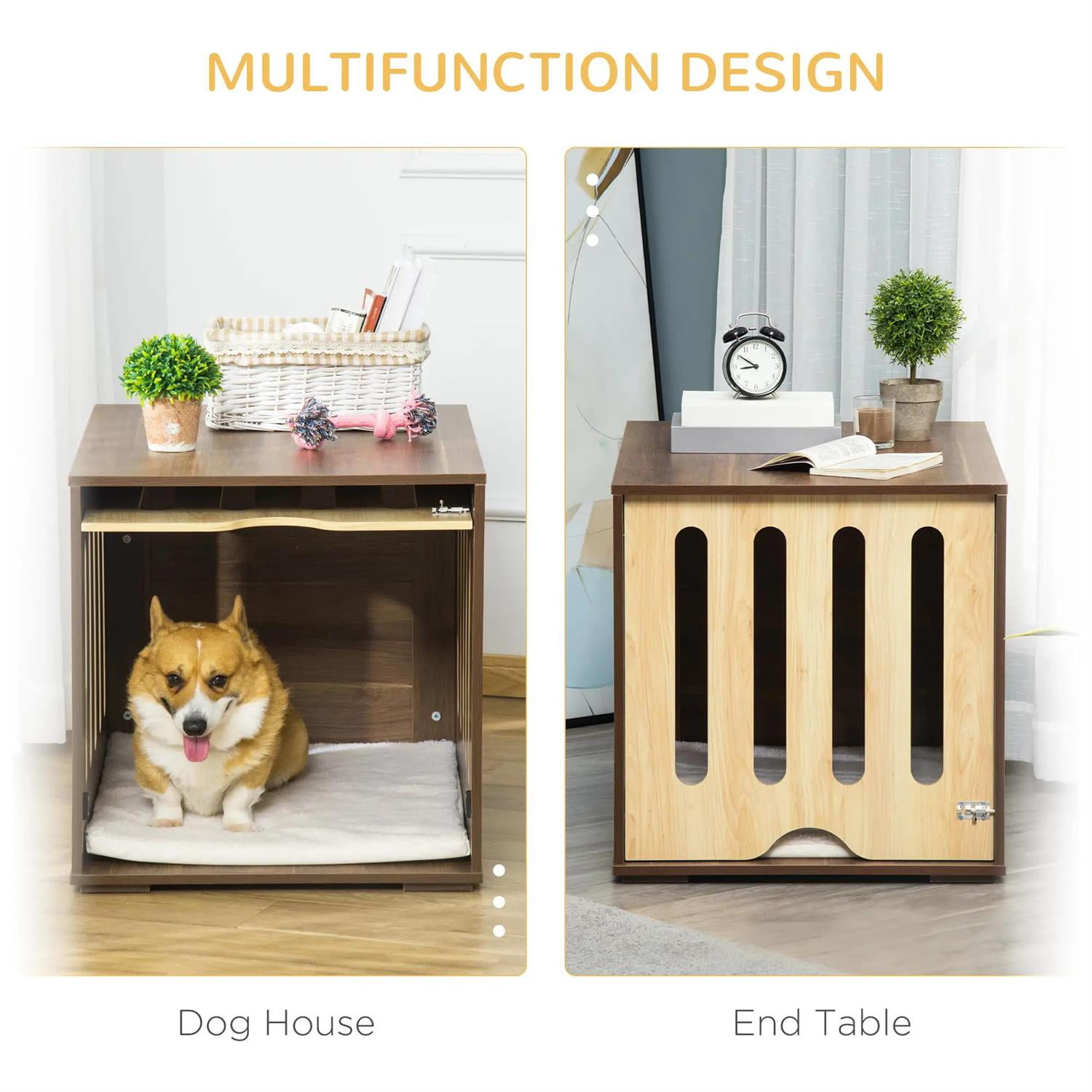 Pefilos 23" Dog Crate Furniture with Foam Cushion, Safety Lock, Wooden Kennel Table with Removable Door Panel, Indoor Dog House for Small Dogs, Brown
