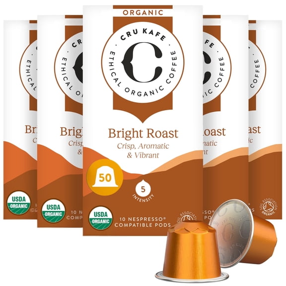 Cru Kafe Bright Roast USDA Organic Espresso Coffee Capsules (50 Pods) Fairtrade Coffee Pods Compatible with Nespresso Original Line and Pixie Machines