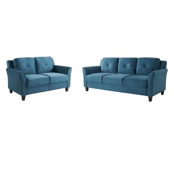Bowery Hill Set of 2 Stationary Sofa and Loveseat in Blue Fabric Upholstery
