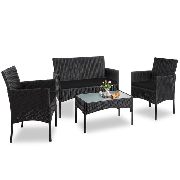4 Piece Garden Furniture Set PE Rattan, Outdoor Patio Sofa and Chairs with Cushions, Coffee Table for Backyard Poolside Lounge, Black