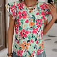 thumbnail image 2 of Camiseta de verano para mujer con mangas dobles y cuello en U con estampado de flores y lazo en la espalda, 2 of 6