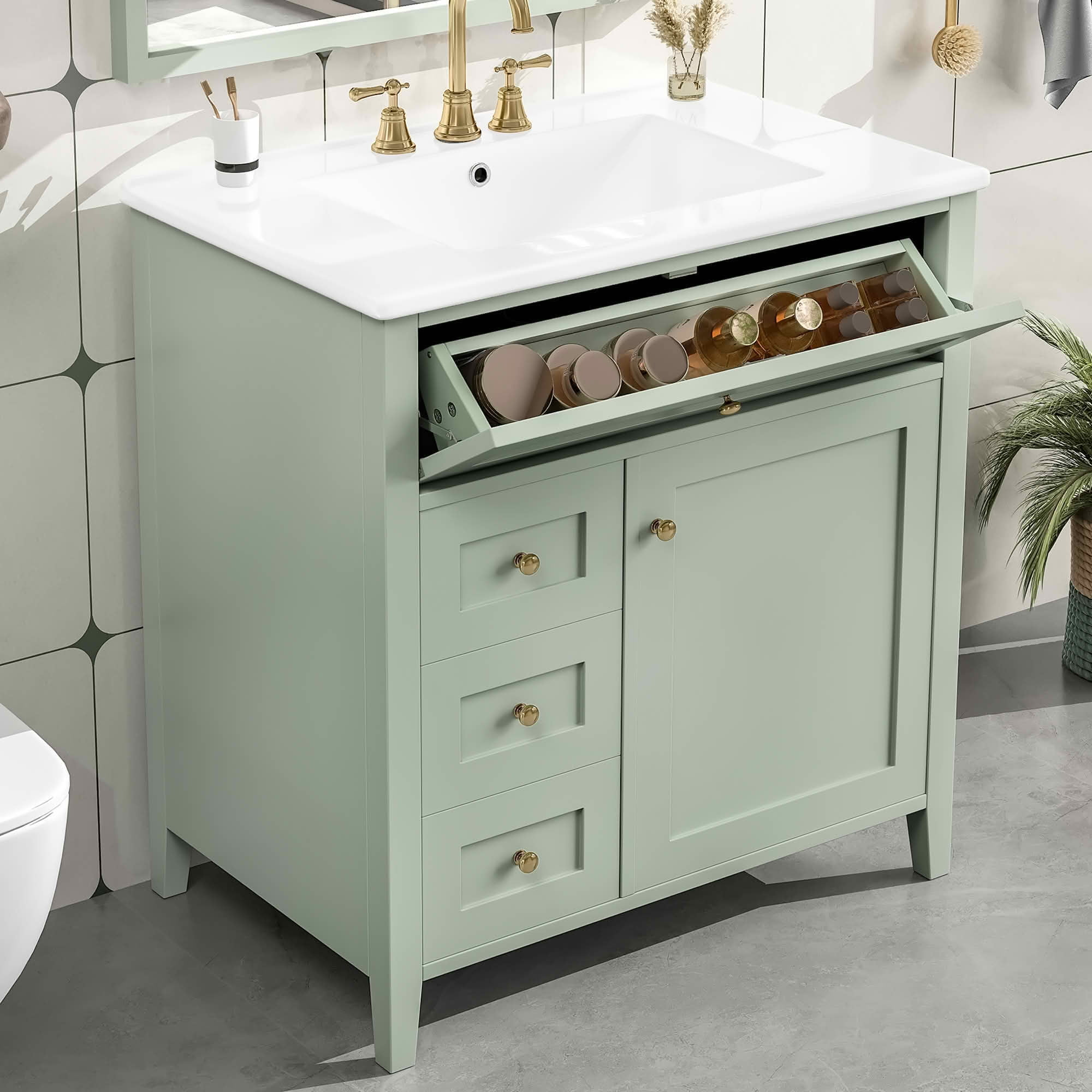 MAYEERTY 36" Bathroom Vanity Ceramic Sink Top Solid Wood MDF Flip Drawer Adjustable Shelf Metal Handles