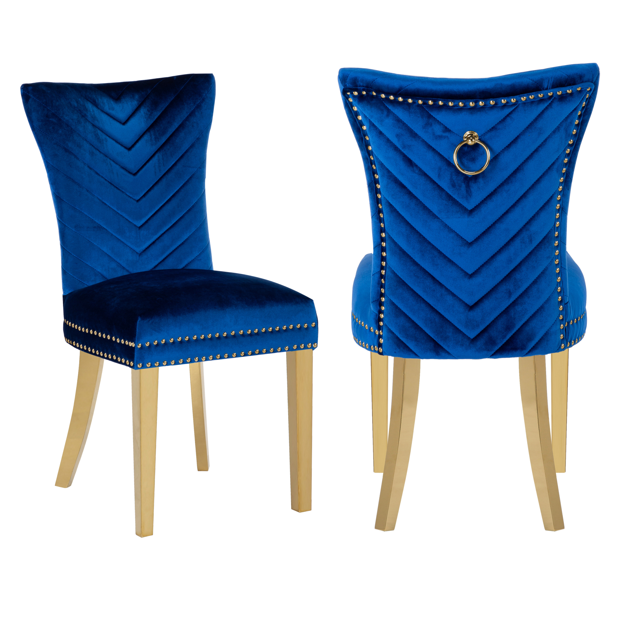 Contemporary Gold Legs Velvet Dining Chairs, Blue, 2 Pack