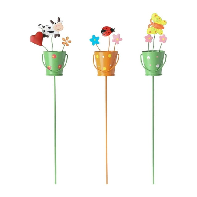 3 estacas decorativas para jardín, arreglo floral, diseño de dibujos animados, adorno versátil. Balde