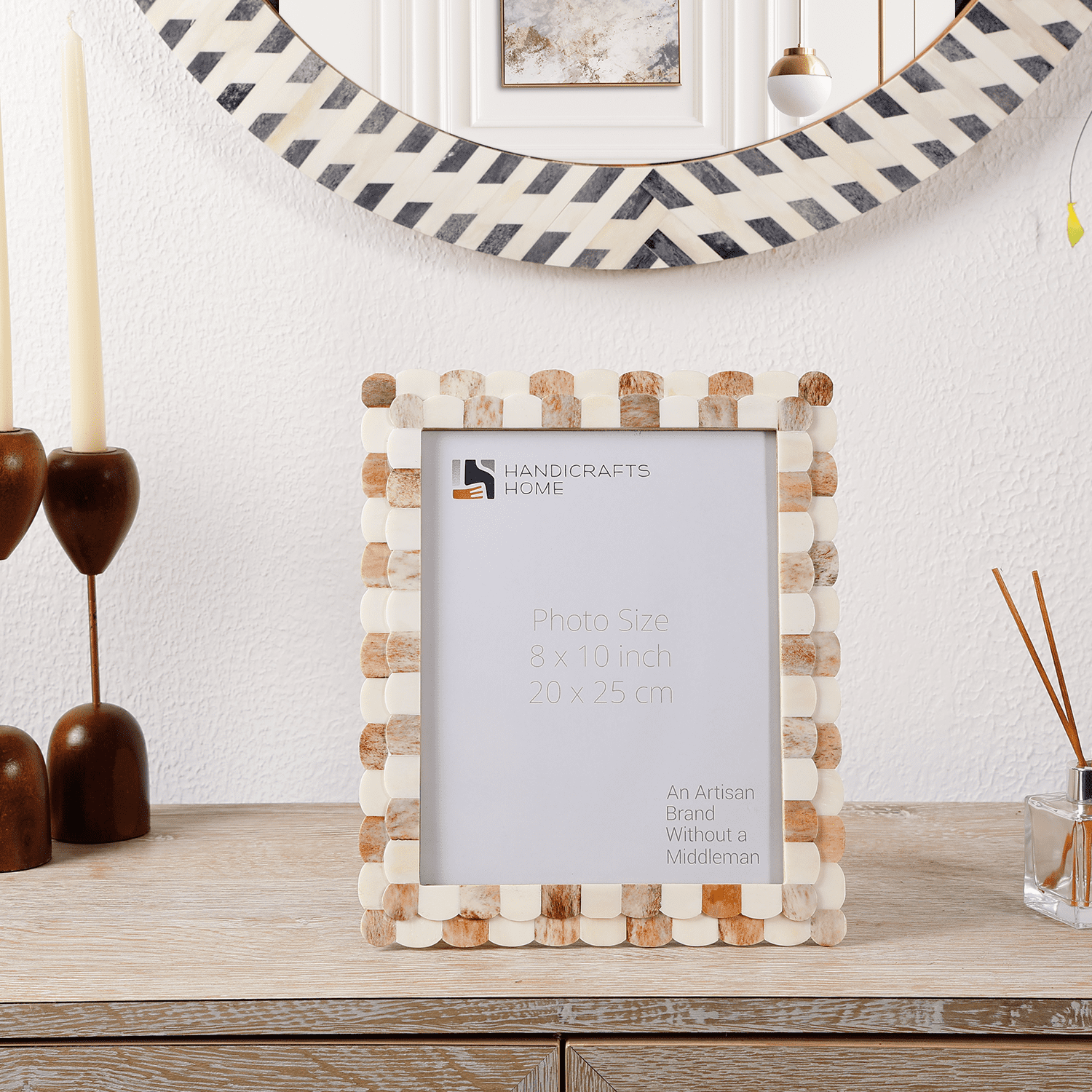 Handicrafts Home 8x10 Brown Picture Frame, Handmade Scallop pattern Bone inlay Photo Frame for Wall & Tabletop, Boho Farmhouse Home Decor, Gallery Wall & Desk Decor, Family Picture Frame Fall decor