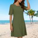 thumbnail image 4 of Vestido de Manga Corta para las Mujeres Encaje Casual, Cuello Redondo Plegado Vestido de Verano de Color Sólido, 4 of 8