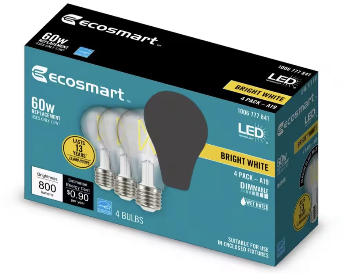 EcoSmart 60-Watt Equivalent A19 Dimmable Clear Glass Filament LED Light Bulb 3000K (4-Pack)