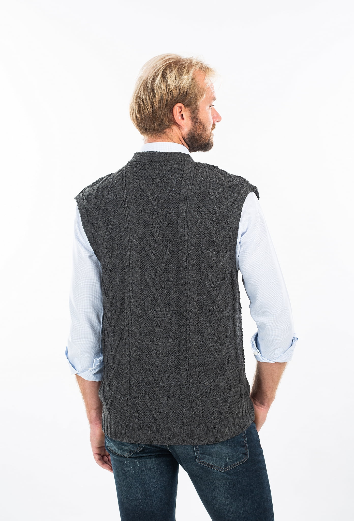 SAOL 100/% Merino Wool Mens V Neck Vest Sleeveless Irish Cable Knit Cardigan Sweater with Buttons and Pockets