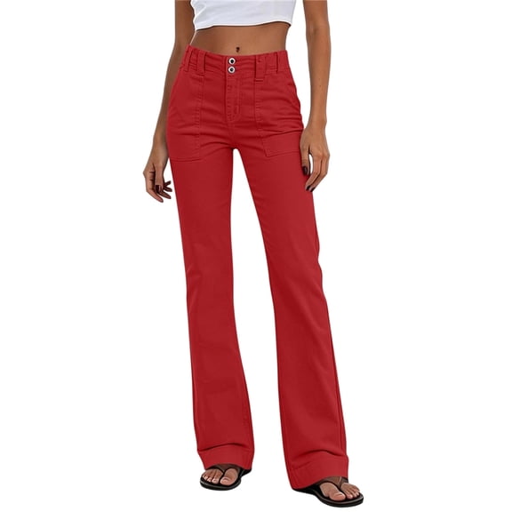 PEIBang Women's Solid Double Button High Waist Flare Cargo Jeans, Multi Front Patch Pocket Stretch Bootcut Denim Pants